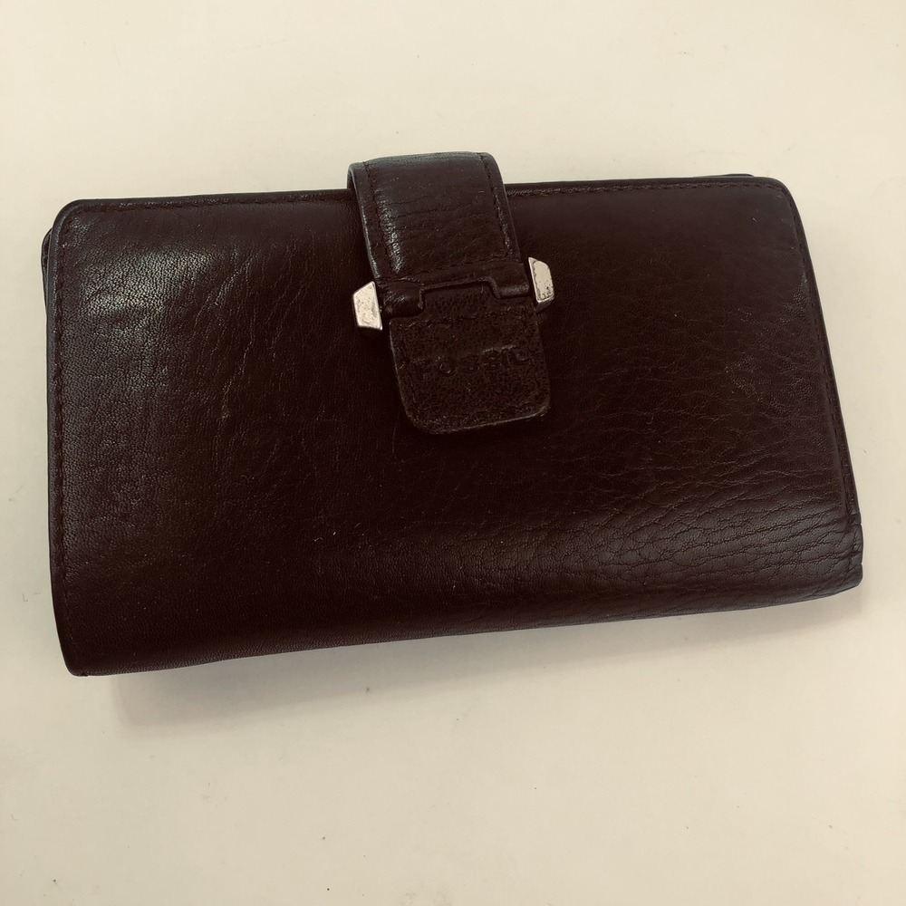 Fossil Womens Logan Dark Brown Pebbled Leather Clutch Wallet Tri-Fold Retro